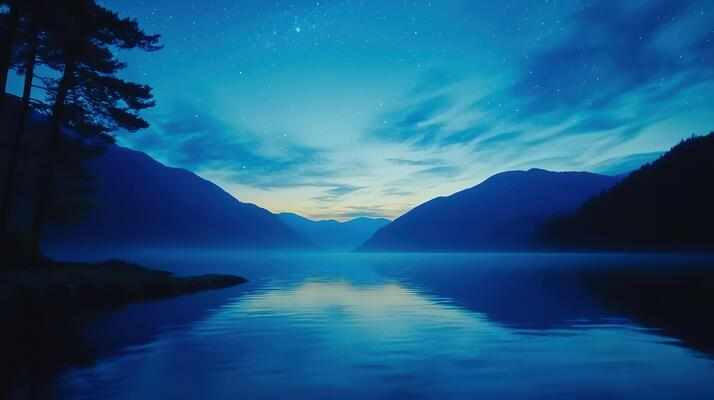 Calm navy-blue lake at dusk with soft horizon — symbolizing clarity, wellness, and peaceful healthcare alternatives.